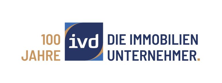 Immobilienverband Logo des IVD: „100 Jahre – Die Immobilien Unternehmer.“ in Blau und Gold.